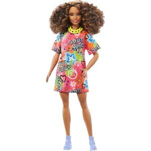 🆕 Barbie Fashionistas Doll Athletic Body Curly Brunette Hair Styles Print Dress